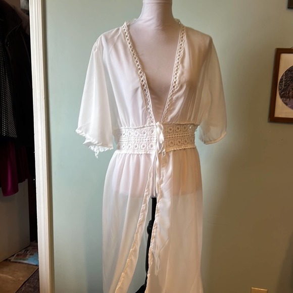 White sheer Cotton/blend Long crochet eyelet lace swim dress coverup tie waist - Picture 6 of 9